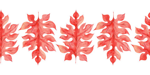 Watercolor set of seamless border with stylized red acanthus leaves