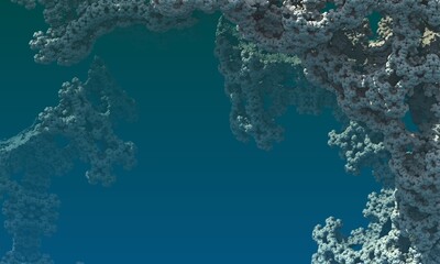 Fantastic fictional coral reef in digital 3d render. Structure of underwater rocks in hazy abyss of blue deep waters of fantasy ocean. Sacrament calm exotic marine scene. Wildlife mysterious artwork.