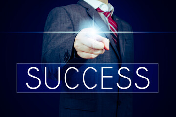 Success - lettering, businessman pointing finger