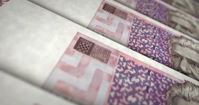 Croatia Kuna banknote loop. HRK money texture. Concept of economy, business, crisis, banking, recession, debt and finance. Moving over note. Loopable seamless 3d animation.