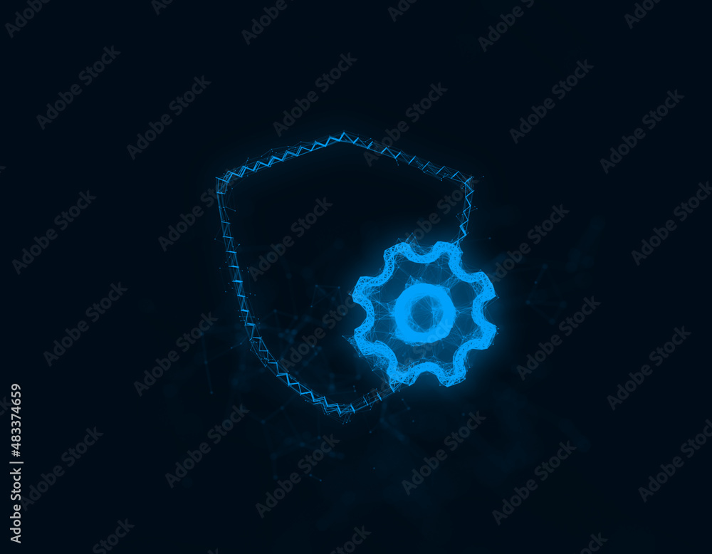 Aufkleber Shield with settings gear icon with plexus effect. Connected lines with dots. Illustration