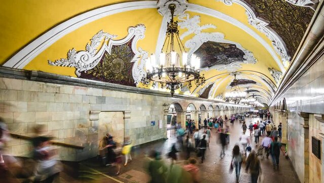 Moscow metro time lapse view showing people at busy subway station during rush hour in Moscow, Russia. 