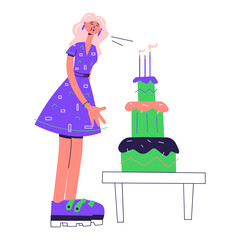 happy woman blows out the candles on the cake