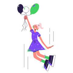happy woman bouncing with balloons