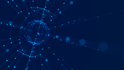 Sphere with moving information particles. Global communication technology. 3D rendering.