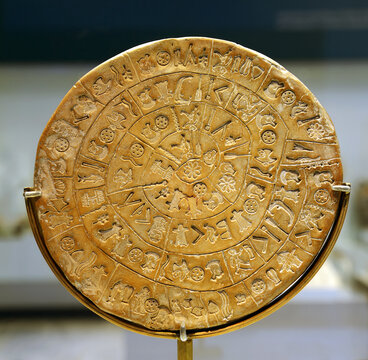 The Phaistos disk (sideA), disk of fired clay from the Minoan palace of Phaistos. The enigmatic inscribed clay disc takes pride of place in the history of Cretan scripts, Crete, Greece