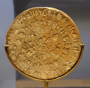 The Phaistos disk (sideB), disk of fired clay from the Minoan palace of Phaistos. The enigmatic inscribed clay disc takes pride of place in the history of Cretan scripts, Crete, Greece