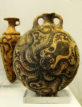 Clay vessels decorated with octopus and dolphins. Heraklion Archaeological Museum contains the most notable collection of artifacts of the Minoan civilization, Crete, Greece