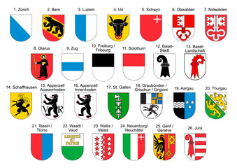 Coat of arms of all Swiss Cantons with names and official number all on one set. Illustration made January 28th, 2022, Zurich, Switzerland. - obrazy, fototapety, plakaty