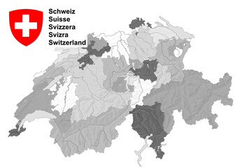Black and white map with Swiss Cantons and coat of arms of Switzerland. Illustration made January 27th, 2022, Zurich, Switzerland.