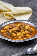 Traditional delicious Turkish foods; Turkish Food Chickpeas with Meat. Turkish name; Etli nohut