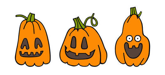 A set of smiling pumpkins for Halloween. Hand-drawn vector illustrations in doodle style. Flat design of cute colored vegetables.  Cartoon character pumpkin. For postcards, posters, Halloween.