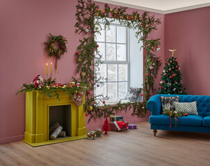 Christmas tree and yellow fireplace in front of the decorative windows, interior room, pine branch decoration, gift box and furniture chair and sofa design.