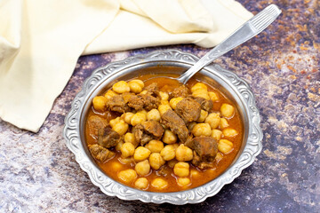 Traditional delicious Turkish foods; Turkish Food Chickpeas with Meat. Turkish name; Etli nohut