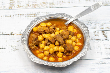 Traditional delicious Turkish foods; Turkish Food Chickpeas with Meat. Turkish name; Etli nohut