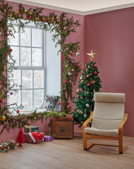 Fototapeta na wymiar Christmas interior corner design in the room, in front of the windows snowy garden views, chair and pine branch, pink wall background.