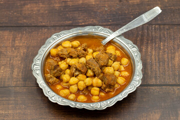 Traditional delicious Turkish foods; Turkish Food Chickpeas with Meat. Turkish name; Etli nohut