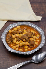 Traditional delicious Turkish foods; Turkish Food Chickpeas with Meat. Turkish name; Etli nohut