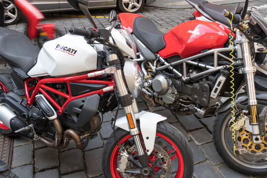 Prague, Czech Republic - July 24, 2020: Ducati Motorcycles. Ducati Motor Holding S.p.A. Is An Italian Company That Designs And Manufactures Motorcycles 