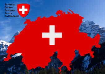 Shape of map of Switzerland with mountain panorama of Bernese Highlands with Peaks Eiger, Monk and...