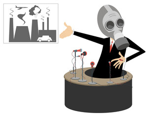 Reporter in the gas mask, mass media and banner showing the polluted smoke from factory conceptual illustration. Man in the gas mask makes a statement about ecology situation isolated on white