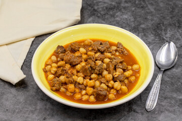 Traditional delicious Turkish foods; Turkish Food Chickpeas with Meat. Turkish name; Etli nohut