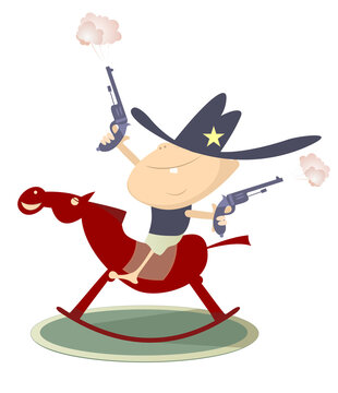 Baby looks like a sheriff with guns is riding a cartoon horse isolated on white background