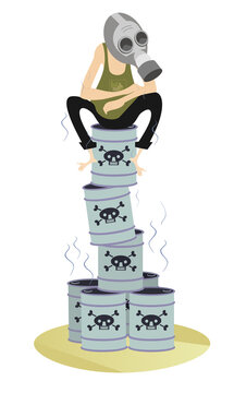 Man in the gas mask and barrels with toxic substance illustration. Man in the gas mask sitting on the barrels with toxic substance isolated on white