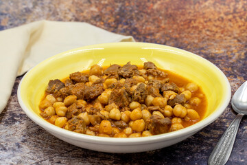 Traditional delicious Turkish foods; Turkish Food Chickpeas with Meat. Turkish name; Etli nohut