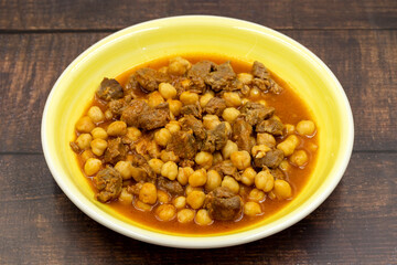 Traditional delicious Turkish foods; Turkish Food Chickpeas with Meat. Turkish name; Etli nohut