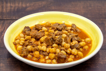 Traditional delicious Turkish foods; Turkish Food Chickpeas with Meat. Turkish name; Etli nohut