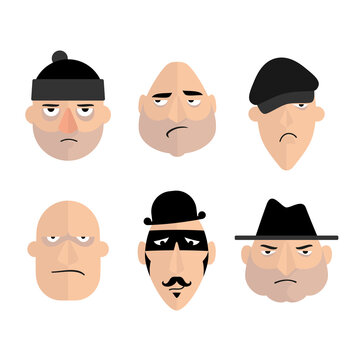 Set of cartoon gangsters faces