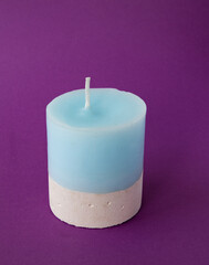 Decorative Blue Eco Hand made Candle made of Natural Wax Beeswax with a honey aroma for interior and tradition Craft Candles. Organic Natural Candle Home Business, Hobby Vintage