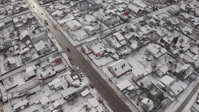 Aerial Winter View Sunset Zhytomytr City Streets
