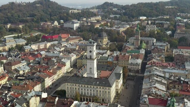 Aerial view of the Lviv city, historical old city center, Ukraine, Europe. View of the Town Hall, lock, historical buildings, roofs