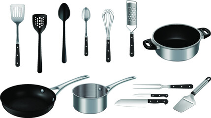 Vector realistic kitchen cooking utensils set in black and stainless steel on white background