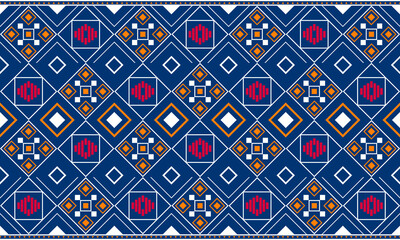 abstract geometric Ethnic Pattern fabric blue red yellow for background or wallpaper.	