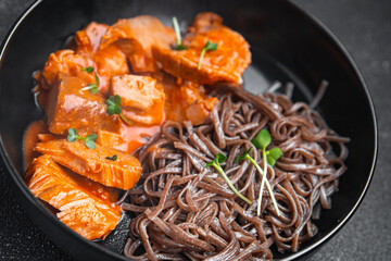 buckwheat noodles with meat fresh portion dietary healthy meal food diet still life snack on the table copy space food background rustic top view