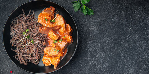buckwheat noodles with meat fresh portion dietary healthy meal food diet still life snack on the table copy space food background rustic top view