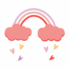 Decorative colorful stripy rainbow with cartoon falling  hearts. Scandinavian style childish boho illustration isolated on white in vector. Nursery poster print design. Clouds