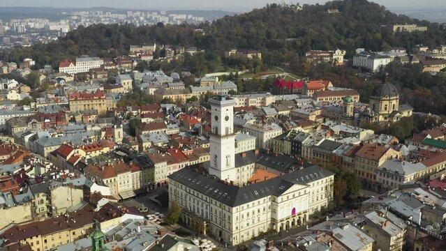Aerial view of the Lviv city, historical old city center, Ukraine, Europe. View of the Town Hall, lock, historical buildings, roofs