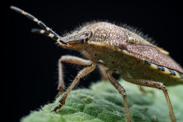 Stink bugs inhabit leaves in the wild, North China