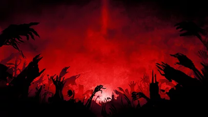 Fotobehang Black silhouettes of sinister undead hands rising from the ground, bony and fleshy, whole and broken, they reach for the sky. On a blood-red dark background with fog and sunrise on the horizon. 2d art © warmtail