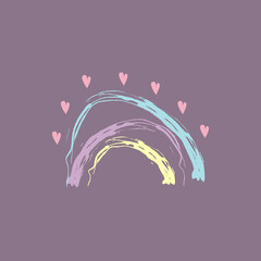cute vintage rainbow with hearts in childish style. hand-drawn card. for holiday, wedding, birthday, valentine