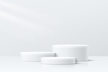 Abstract white and gray 3D room with set of realistic white cylinder pedestal podium. Minimal scene for product display presentation. Geometric platform design. Stage for showcase. Vector llustration