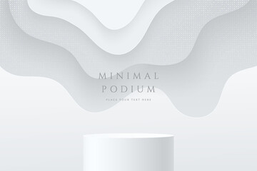 Abstract 3D room with realistic white cylinder stand or podium and white layers wavy shape background. Minimal scene for product display presentation. Vector geometric platform design. Stage showcase. - obrazy, fototapety, plakaty