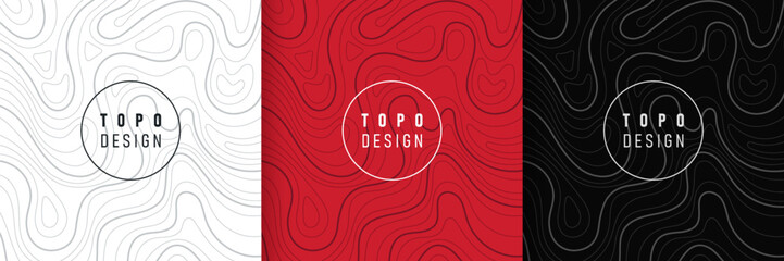 Set of white, red and black wavy lines abstract design. Topography concept. Collection wavy pattern background with copy space. Design for cover template, poster, banner, print ad. Vector illustration