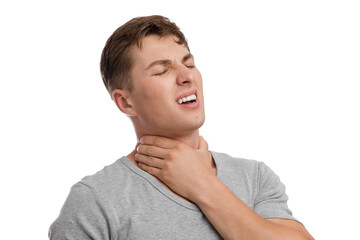 Upset attractive young european guy suffer from sore throat and pressing hand to sore spot, with...