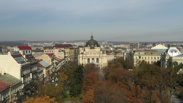 Aerial view to Theatre of Opera and Ballet and historic center of Lviv, Ukraine