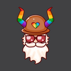 Funky old gay with beard, summer sunglasses, and funny hat with LGBT rainbow horns isolated on grey background. Gay pride icon, symbol or homosexual graphic label for printing on tee